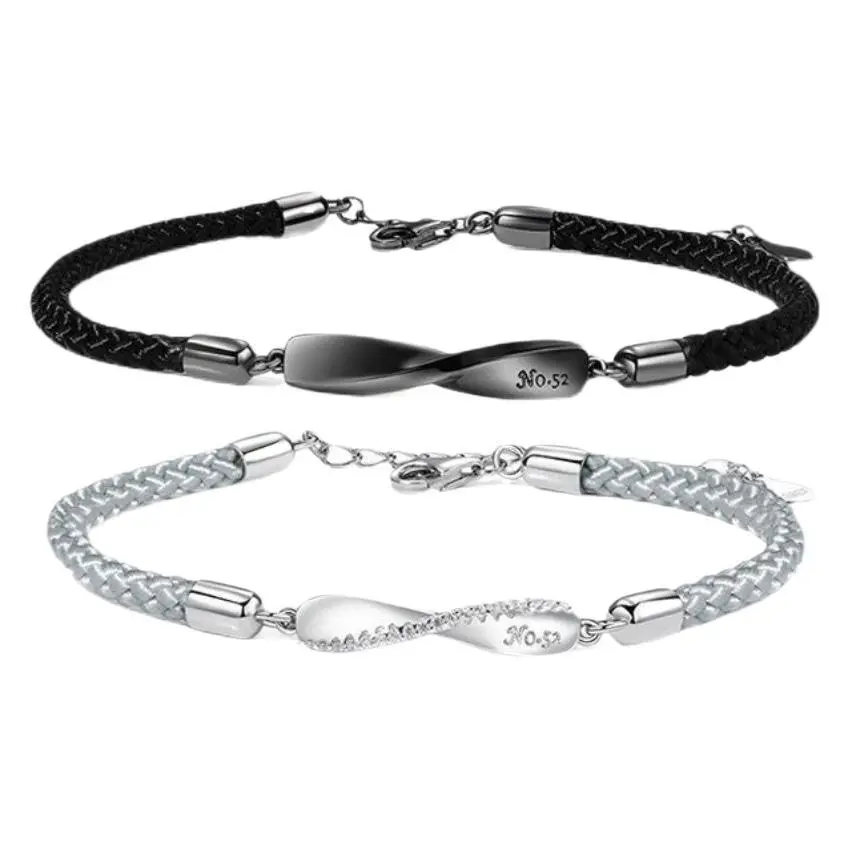 Trendy Minimalist Black & White Mobius Loop Matching Couple Braided Bracelets for Him & Her, Unique Stylish Thin Woven Wrist Rope Accessory, Affordable Daily Wear Aesthetic Ornament for School Teen Students Viral Trend