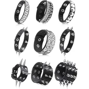 9 Pieces Spiked Studded Bracelet Black Leather Rivet Punk Bracelet Cuff Wrap Bangle Snap Button Metal Wristband for Men Women