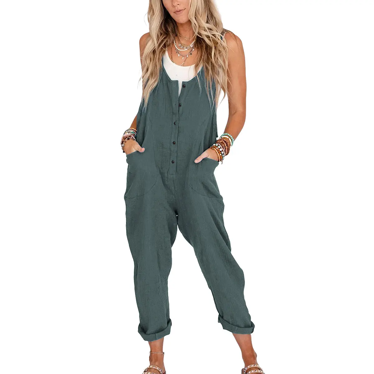 Tanming Women's Linen Cotton Overalls Pants - Casual Loose Sleeveless Jumpsuits for Women, Adjustable Straps, Pockets, Rust Color, Summer Wear #SpringStatements, Overalls For Women