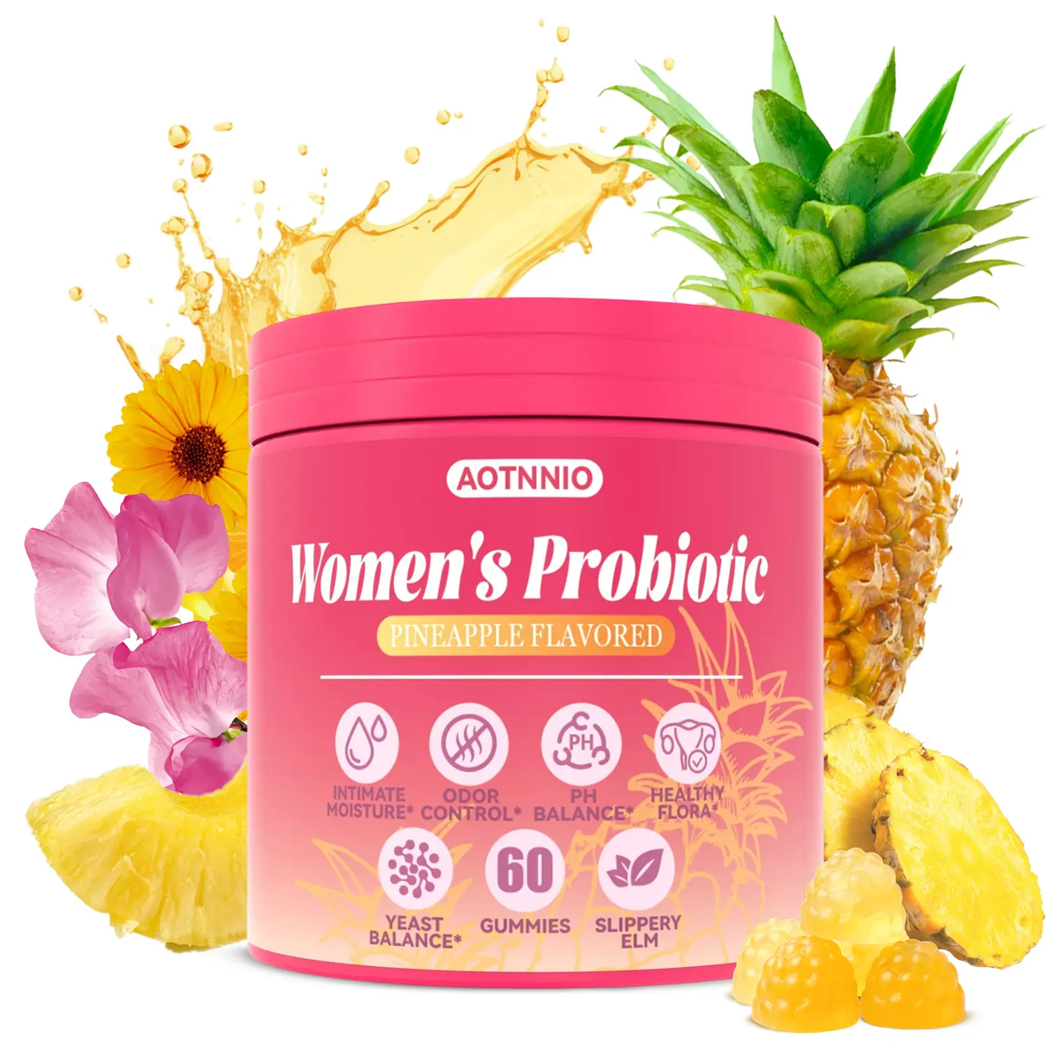 Pineapple Flavor, Women's Probiotics Gummies for pH Balance & Immune Support, Slippery Elm, Prebiotics & Lactobacillus, Vegan, Gluten-Free,  60 Gummies
