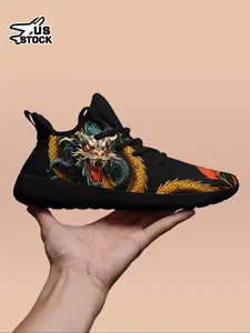 Men's Chinese Dragon Print Lace Up Sneakers, Casual Comfortable Breathable Sports Running Shoes, Fashionable Sneakers for Daily Wear, Runner Athletic Shoe