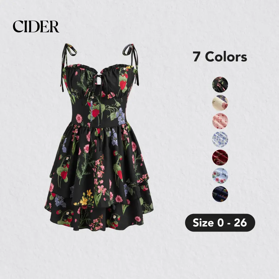 Cider [7 colors, size 0-26] Woven Floral & Fruit Ruffle Hem Knotted Layered Mini Dress [LIVE ONLY] SohoChic