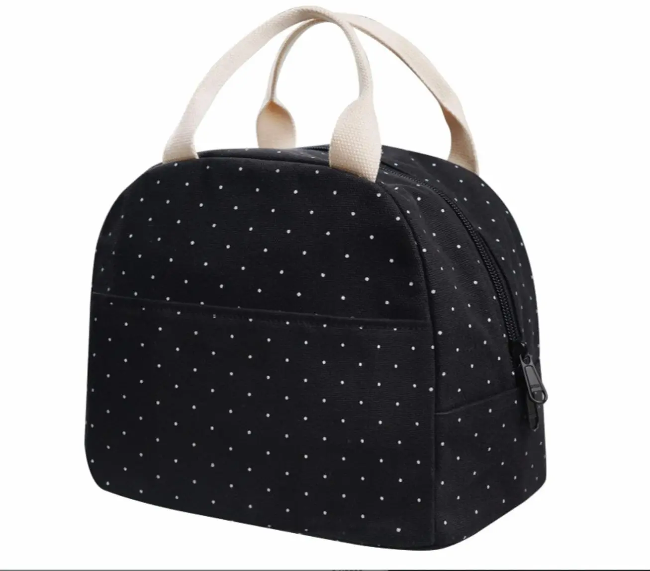 EurCross Upgraded Compact Black Lunch Bag for Girls Women,Canvas Reusable Insulated Polka Dot Lunch Tote Box Bag for Work School