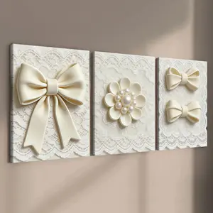 3-count wooden frame canvas, cream lace pearl flower bow three-piece decorative poster, atmosphere girlish and Valentine's Day romantic decorative poster, modern family poster, fashionable living room decorative art, Wood Wall Art
