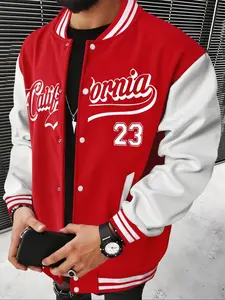 Men's Preppy Style Colorblock Letter Print Long Sleeve Baseball Jacket, Fitted Pilot Coat for Fall & Winter Casual Wear, Casual Style Outerwear