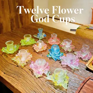 [12 Flower Spirits] Colored Glaze Cup Saucer Set, Handmade Each for Monthly Flower, Chinese Aesthetic Tea Table Accessory, Home Decoration &amp; Practical Ornament, 12-Piece Gift Box, For Holidays &amp; Eastern Culture Enthusiasts Ceramic Tea Cup
