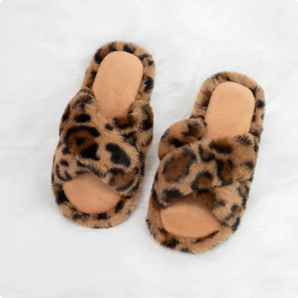 Women's Plush Print Soft Cross Strap Fluffy Slippers Causual Comfortable Non Slip Slides Home Footwear for Daily Wear Indoor Outdoor Walking Shoes