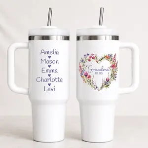 40 oz Stainless Steel Insulated Drink Tumbler Set - Portable, Plastic-Free Water Bottle with Lid and Handle, Personalized Floral Grandma Tumbler Customizable with Nana & Grandkids Names, Mother’s Day/Birthday Gift From Kids
