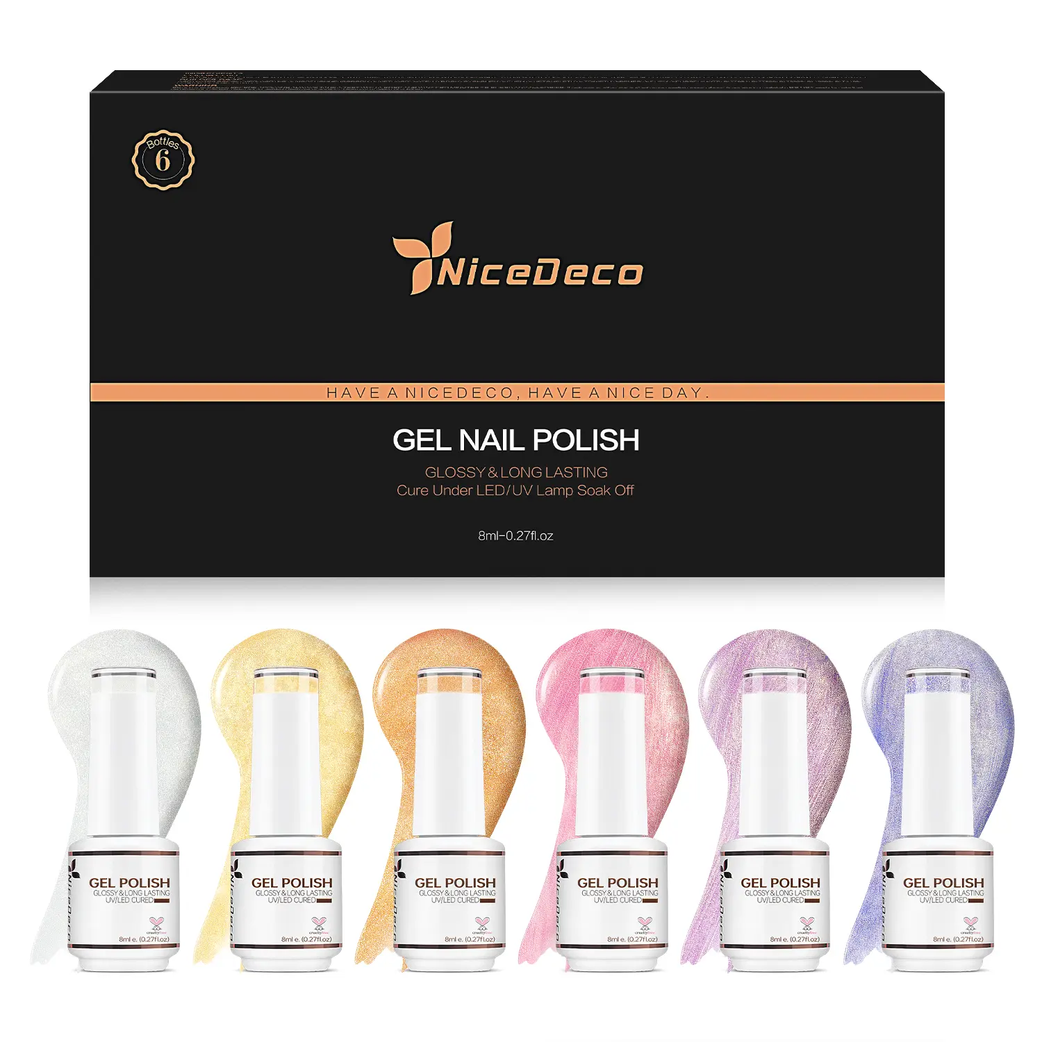 Nicedeco Hema Free Gel Nail Polish 6-Pack 15ml Cruelty Free Vegan Pearl Shimmer Mermaid Gel for Nail Art Manicure Salon DIY Safe Non-Toxic Formula - Brush, Cutics