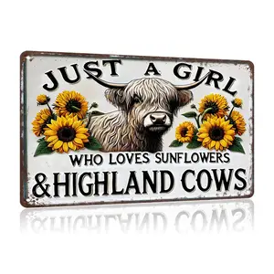 "Just a Girl Who Loves Sunflowers & Highland Cows" Vintage Aluminum Sign - 12x8" - Farmhouse/Home Decor - Easy Hanging Country Gift Lightweight Kitchen Mount