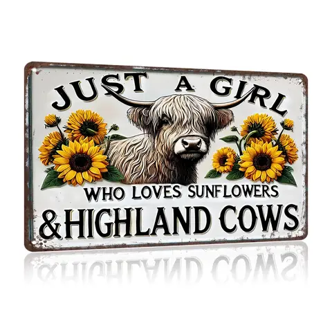 "Just a Girl Who Loves Sunflowers & Highland Cows" Vintage Aluminum Sign - 12x8" - Farmhouse/Home Decor - Easy Hanging Country Gift Lightweight Kitchen Mount