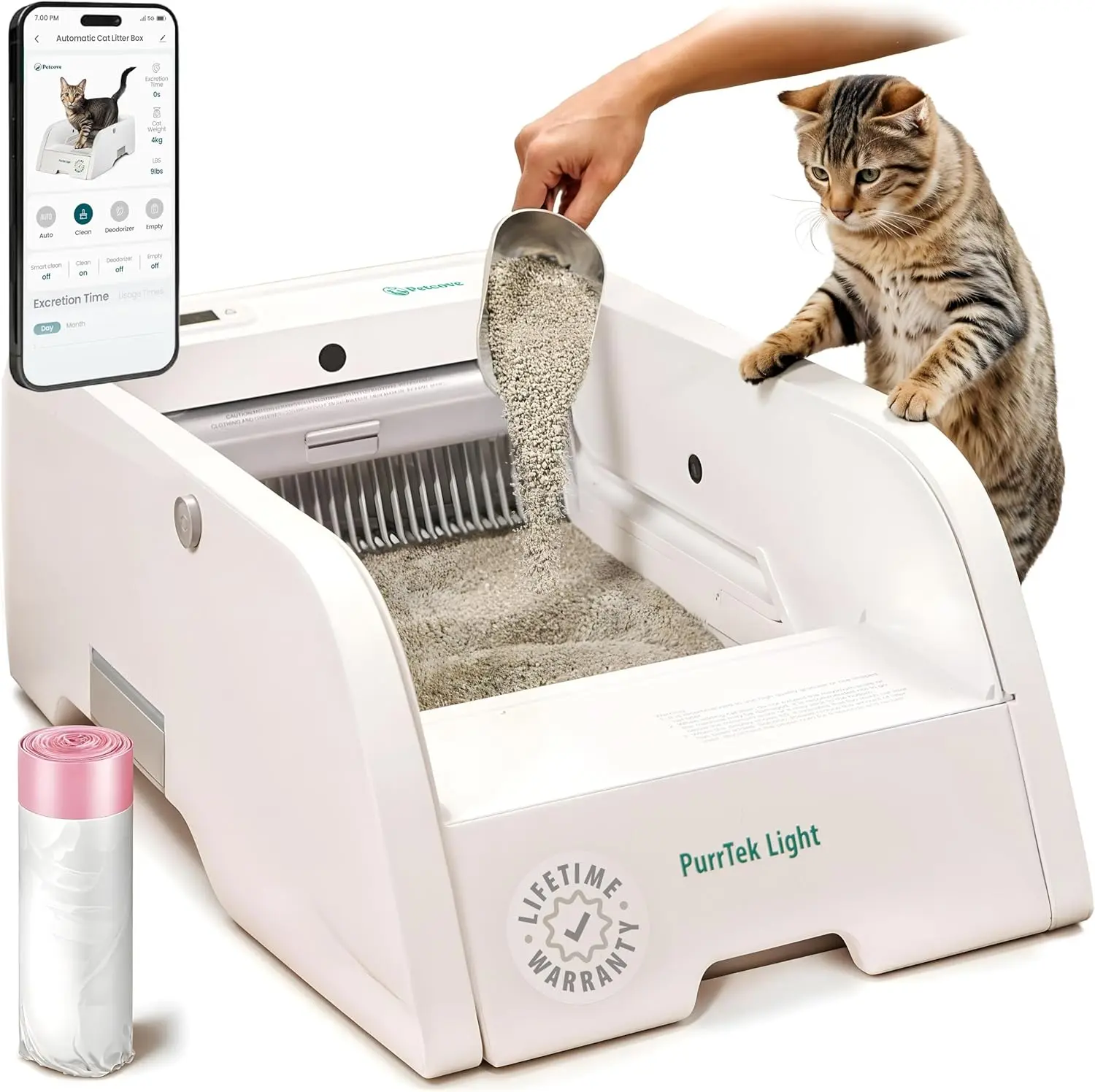 Petcove Purrtek Lite | Safe Automatic Self Cleaning Cat Litter Box Auto Scooping w/ Odor Eliminator, Health Monitor & Lifetime Warranty