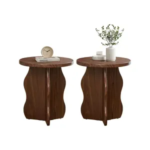 Giratree Small Round Side Table Set of 2, 16" Wodden Drink End Table with Unique Wave Leg for Sofa Couch, Mid-Century Farmhouse Side End Table for Living Room, Bedroom, Balcony