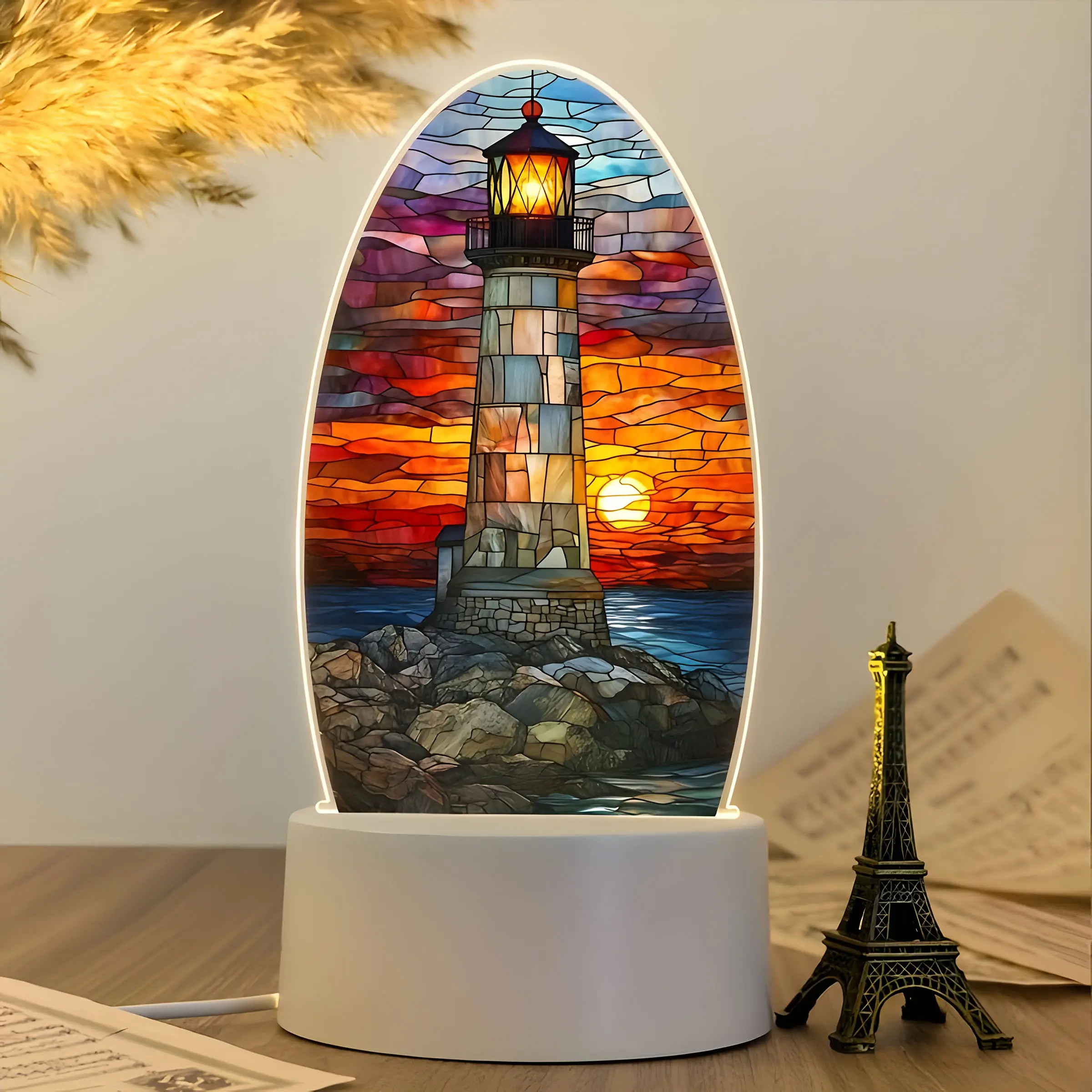 Vintage Ocean Lighthouse Table Lamp, USB Powered LED Night Light, Led Ambient Lighting, Mood Decorative Lights, Coastal Scene, Button Switch, No Batteries Needed, Home Decor Gift