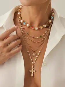 Women's Bohemian Style Alloy Chain Necklace Set, Layering Necklaces, Colorful Crystal Pendant Jewelry, Casual Daily Wear and Holiday Gift