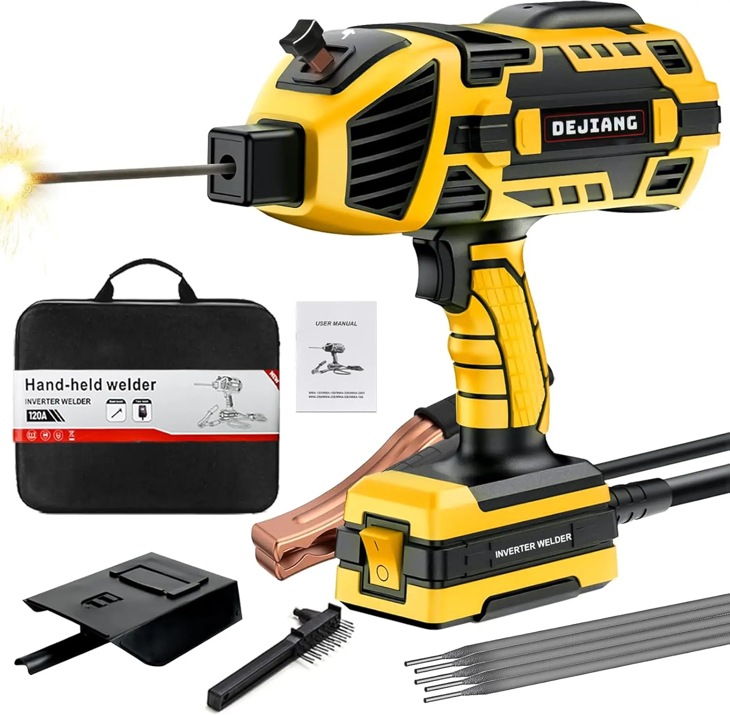 Portable handheld welding machine — 110V IGBT inverter handheld welder, 20–120 A portable arc welder with hot start and anti-stick features for 3/32″–1/8″ welding rods; Father’s Day gift for men