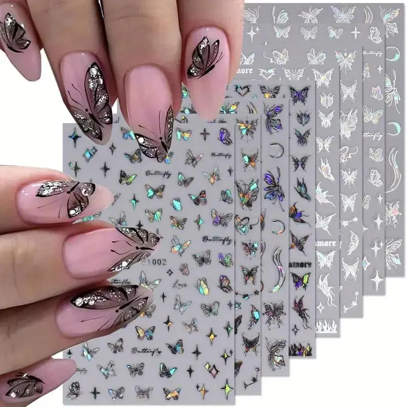 Butterfly Pattern Nail Art Sticker, 8 Sheets/bag 3D Self-adhesive Nail Art Supplies, Nail Art Decoration, Glitter Butterfly Designs, Holographic Laser Glitter Butterfly Nail Design Nail Stickers Iridescent Glitter