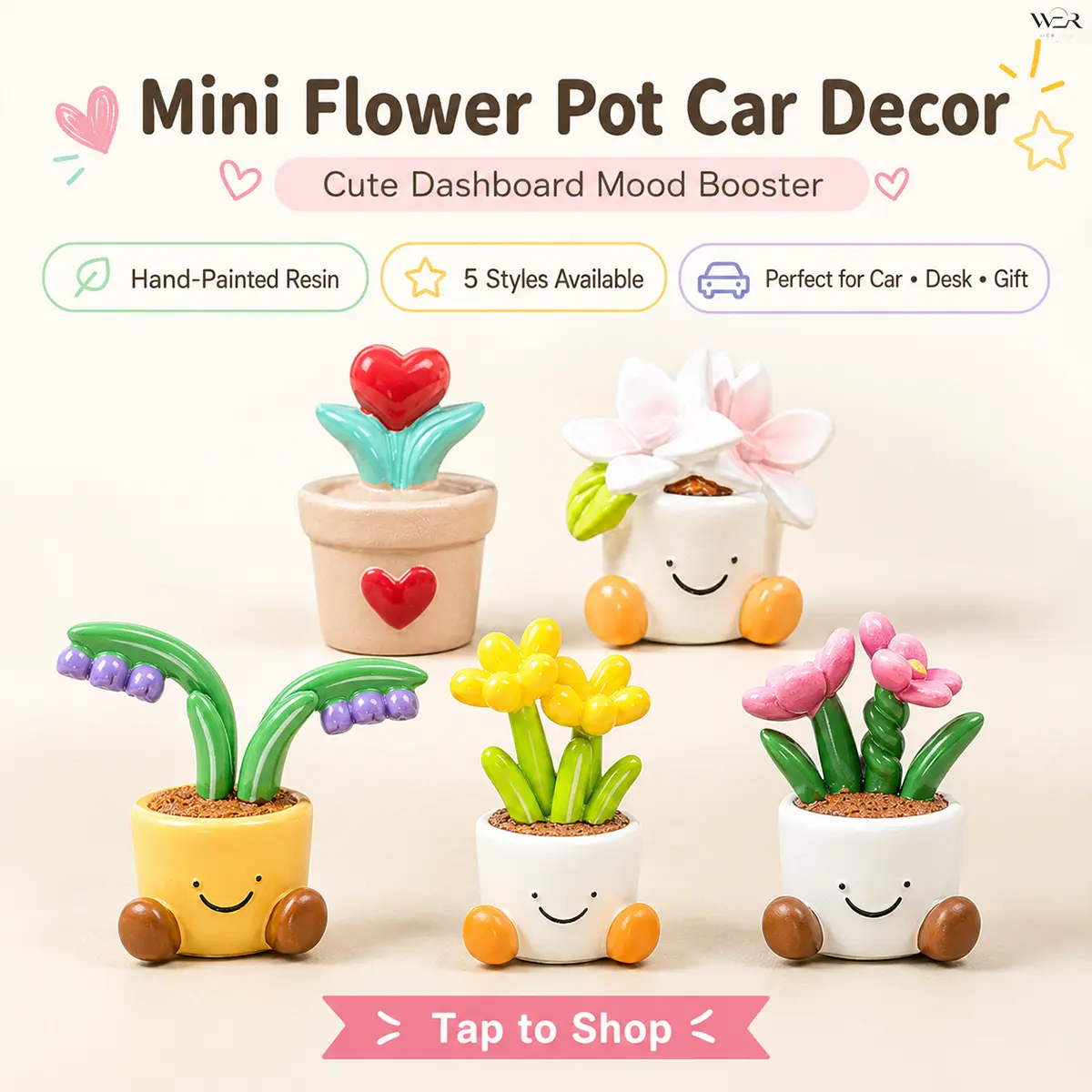 Kawaii Mini Potted Resin Figurine - Hand-Painted Tulip & Daffodil Decor, Feminine Desk Accessory for Women, Car Dashboard Ornament for Daily Outfits, Happy Vibes Perfect Gift, Car Interior Decor, Vehicle Decoration, Car Accessories Cute, Auto Interior Acc