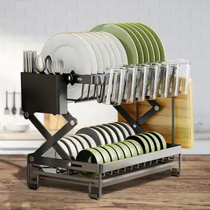 2-tier Dish Drying Rack, 1 Count Collapsible Dish Drainer Rack with Removable Drip Tray, Kitchen Counter Dish Drying Rack with Utensil & Cup & Cutting Board Holder