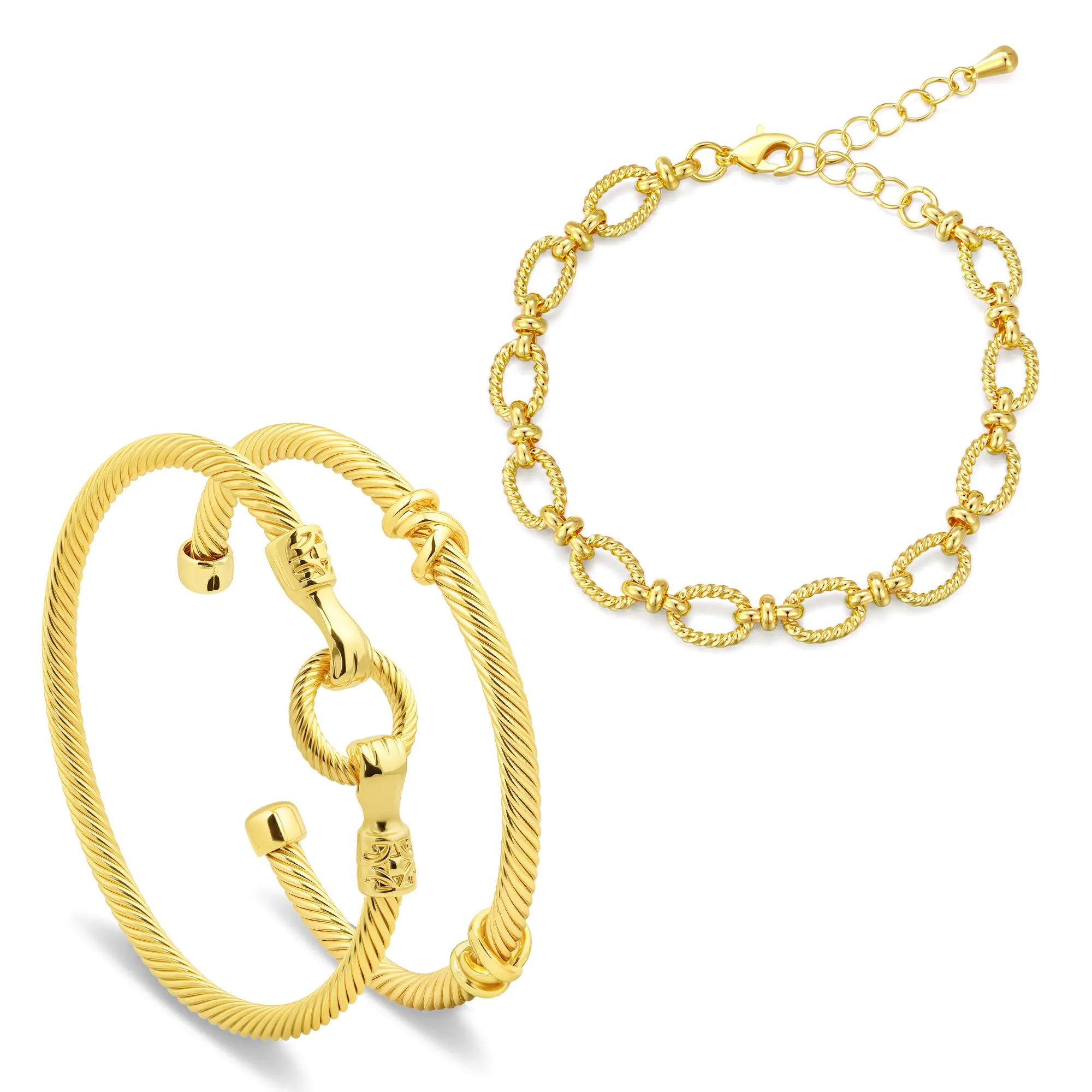 Aprilery Women’s Statement 3-Piece Bracelet Set – Twisted Toggle Bangle, Open Cuff & Textured Link Chain, Bold Modern Design, Versatile for Layering/Daily Styling, Trendy Jewelry Set