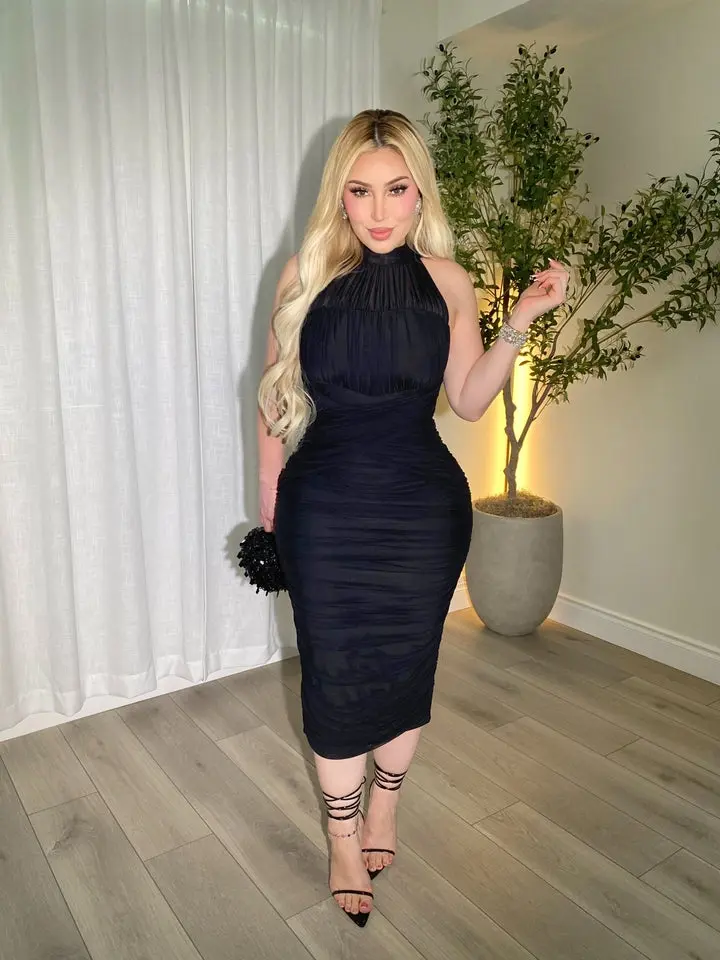 princess polly baby blue dress Short Sleeve High Neck Mesh Insert Maxi Dress In Black Slinky | EGO US