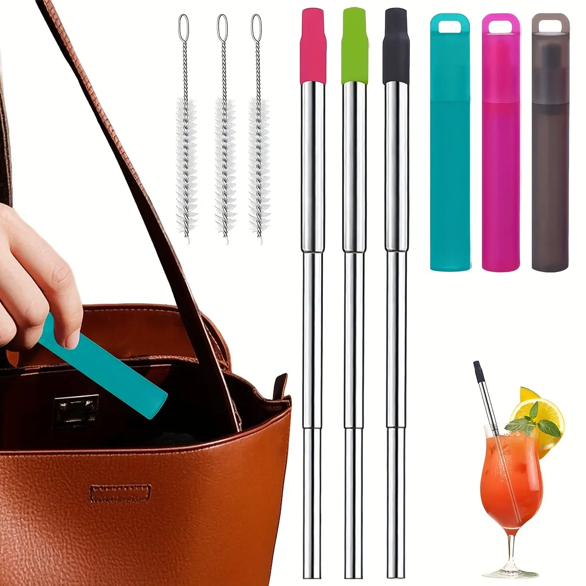 3 Pack Collapsible Stainless Steel Metal Straw Set, Straw Combo, Utensils, Kitchen, Portable Lightweight Telescopic Travel Coffee Drinking Straw with Case and Cleaning Brush, Reusable Collapsible Straws with Silicone Tip, Gray & Blue