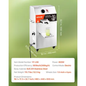 VEVOR Commercial Sugar Cane Juicer, 800W Electric Sugarcane Juicer Machine with 661LBS/H High Output, 3 Stainless Steel Rollers, Sugar Cane Press Juice Extractor Squeezer on Wheels for Home/Commercial