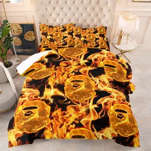 Fire Flame Ape Head Comforter Set - Durable Material Comfy Bed Sets, 1 Quilt + 1/2 Pillowcases, 3D Printed Streetwear Bedding for Kids Teens, Perfect Urban Bedroom Decor, Twin/Full/Queen Sizes