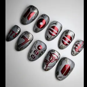 Kpop Inspired Red Silver Press On Nails With Metallic Graphic Design, Powerful Almond Nails, Handmade Statement Nail Art Set UKLZ14