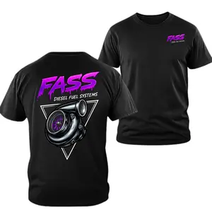 180g[100%cotton]FASS Diesel Fuel Systems T-Shirt with Turbocharger Graphic and Neon Purple Logo, Automotive Streetwear 2 Sides Graphic Tee, Soft Cotton Blend Shirt for Men and Women, Gift for Diesel Fans and Mechanics outdoorfun