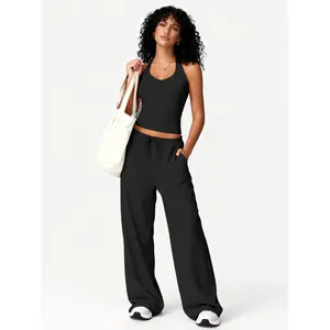 Women's Solid Color Sports Set, Strapless Vest Top & Casual Pants, Perfect for Spring & Fall Seasons, Comfortable & Stylish, Loose Casual Athleisure