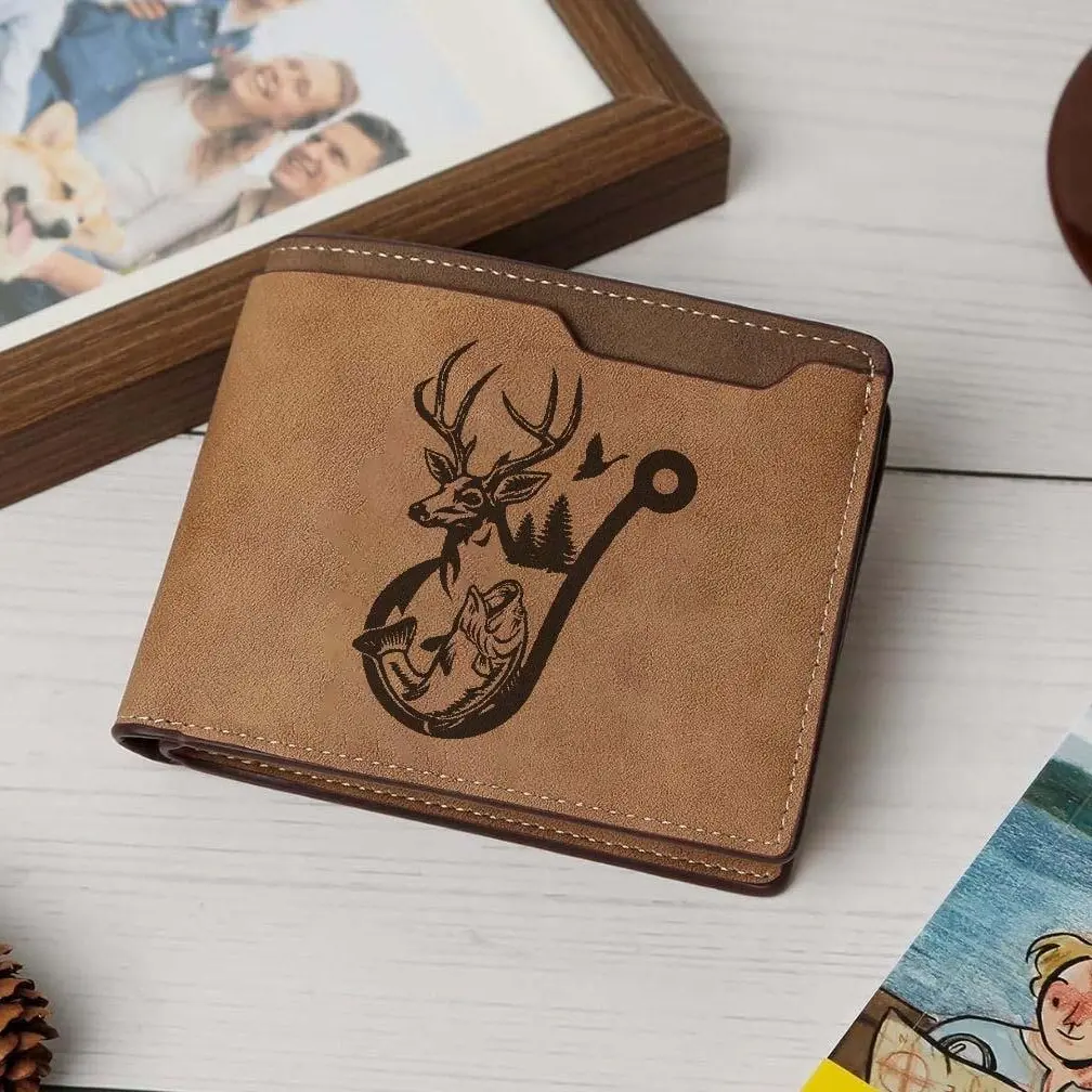Deer Hunting Fishing Engraved Wallet, Fish Hook Mens Bifold Wallet, Outdoorsman Gift For Him, Hunter Dad Gift