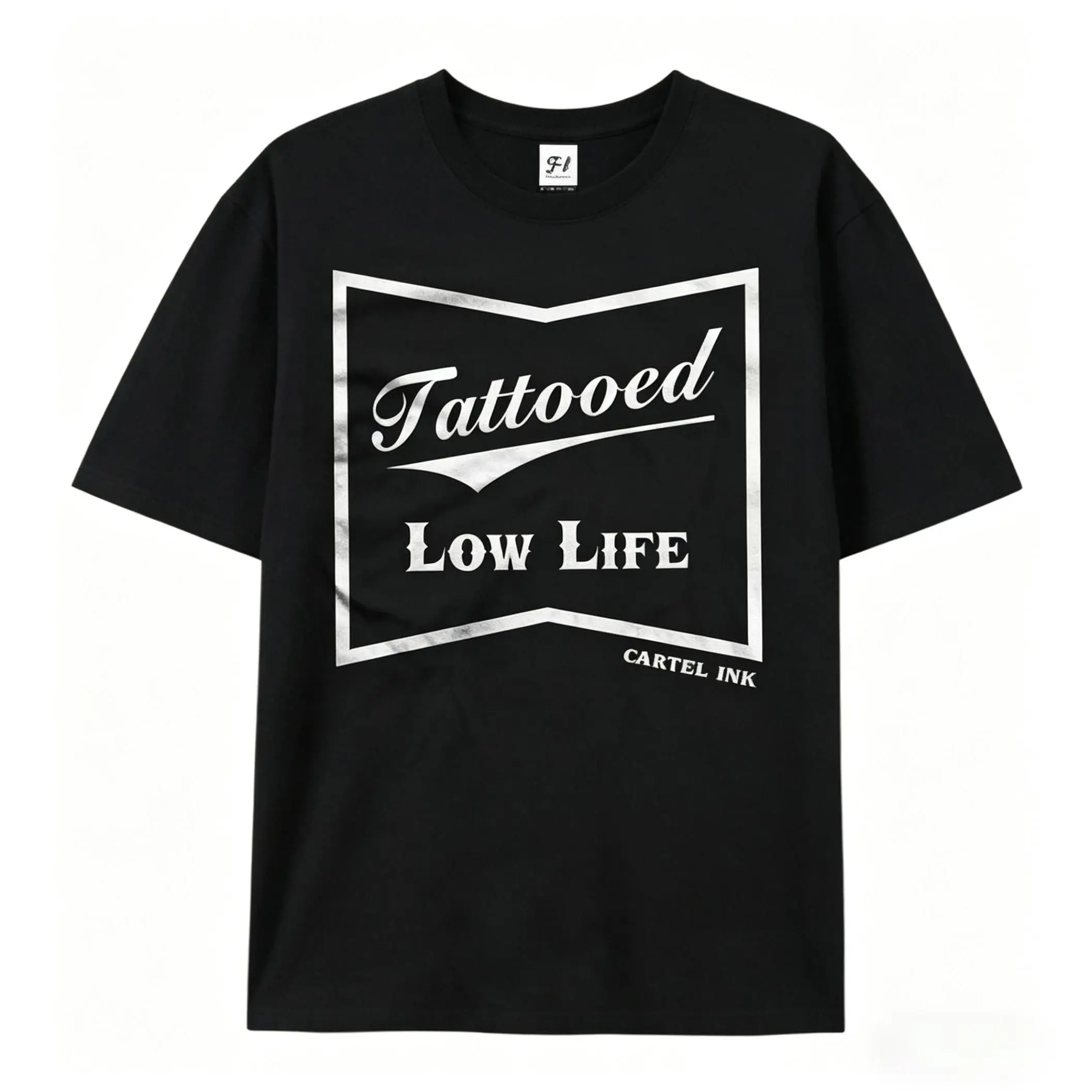 Men's Oversized Distressed Short-Sleeve Cotton Round Neck T-Shirt with Tattooed Low Life Cartel Ink Graphic Design, Shortsleeve, Menswear