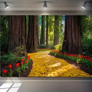 1PC Polyester Reusable Wizard of Oz-Themed Yellow Brick Road Forest Scene Door Curtain, 2D Flat Party Decorations Banner, Outdoor Banners, Indoor Home Wall Hanging Backdrop for Birthday