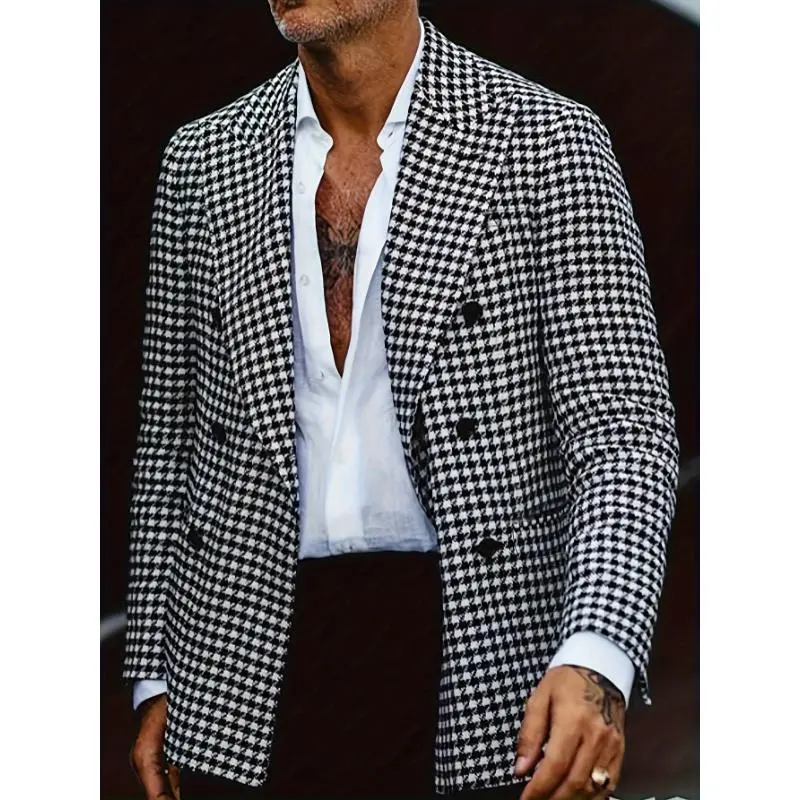 Houndstooth Double Breasted Blazer, Men's Casual Vintage Style Flap Pocket Lapel Sports Coat For Business Banquet Party Dinner