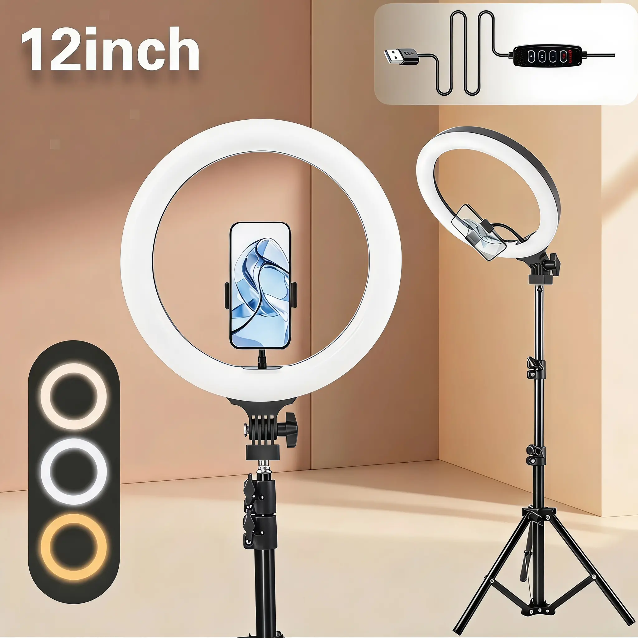 12" Professional Video Ring Light with 43.3" Tripod Stand, 3-Color Dimmable LED for Makeup/Live Streaming/YouTube/Content Creation/ Mlogging/TikTok, Ideal for Photography Vlogging Kit Camera Accessories Selfie Lighting tips#SummerWins#BackToSchoolDeal