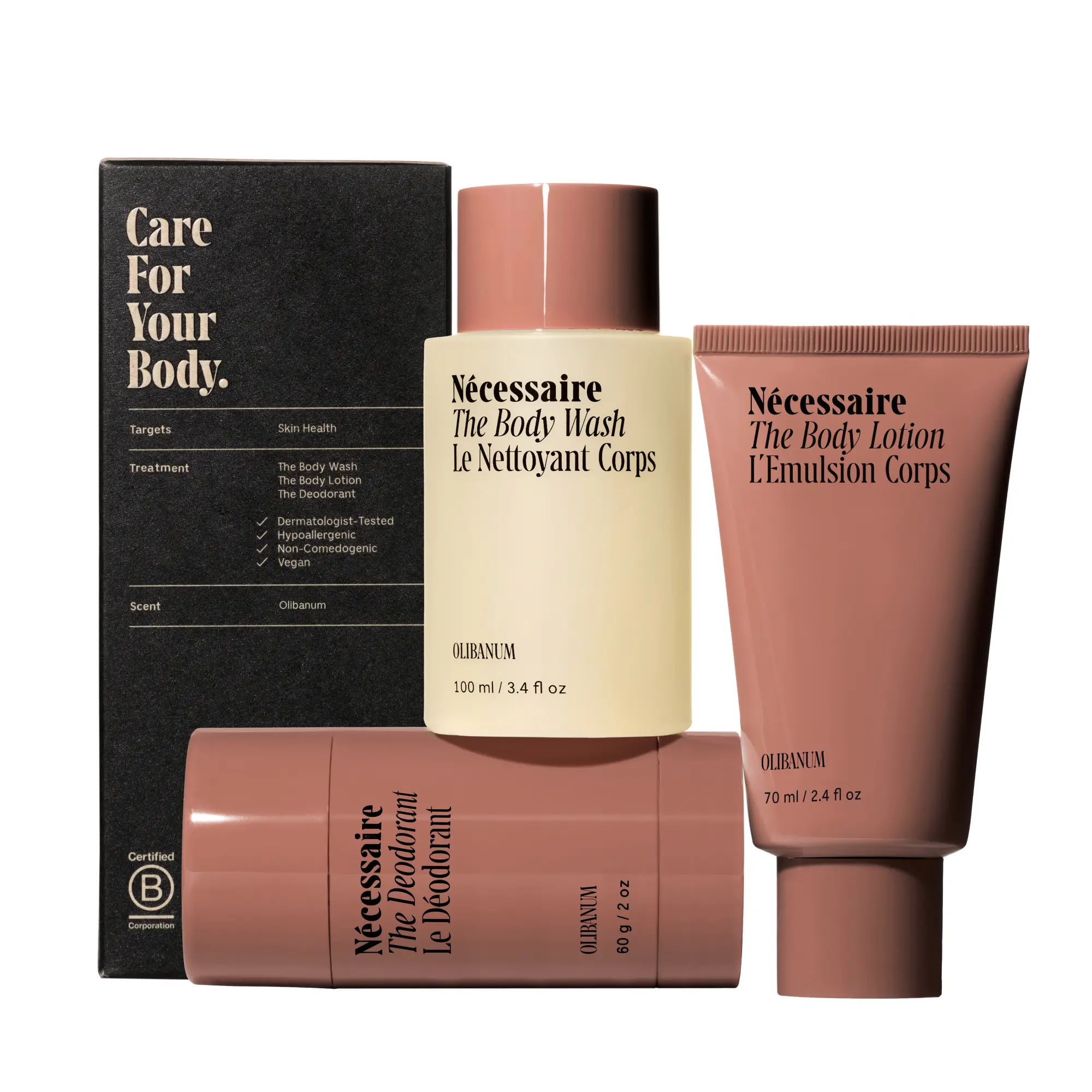 Nécessaire Body Essentials Set – Travel-Size Body Wash, Body Lotion + Deodorant | For Women + Men | Dermatologist-Tested. Hypoallergenic. Vegan | Aluminum-Free Deodorant