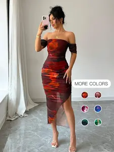Women's All Over Print Off Shoulder Mesh Dress, Elegant Fashion Casual Dress for Party Club Dating Wear, Women Dress for Summer