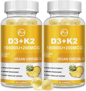 (2 Pack) Vitamin D3 K2 Gummies, Vitamin D3 10000IU, K2 (MK-7) 200mcg, 6-in-1 Vitamina D3 con K2 Supplement with Omega-3 for Women and Men - Bones, Teeth & Immune Support, Sugar Free