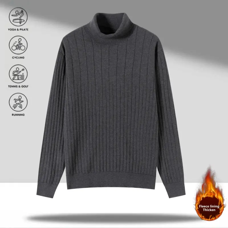 Men’s Vertical Ribbed Turtleneck Sweater – Windproof High Collar, Stretchy Slim Fit, Soft Anti-Pilling Knit, American Minimalist Vintage Layer for Business & Streetwear