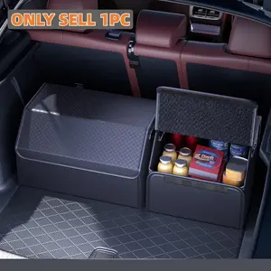 PU Leather Car Trunk Organizer with Lid - Foldable & Collapsible Cargo Storage Box for SUV, Car & MPV - Multi-Compartment Boot Organizer - car storage organizers - OOLEATHER