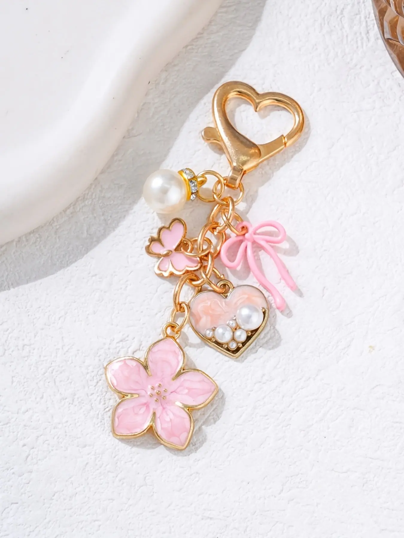 Sakura Heart Butterfly Bag Charm Pendants, Pearl & Enamel Bag Chain Charms, Sweet Romantic Bag Decoration Keychain, Delicate Girly Bag Pendant for Backpack Purse, Available in Purple/Pink/White, Ideal for Floral & Coquette Style Lovers