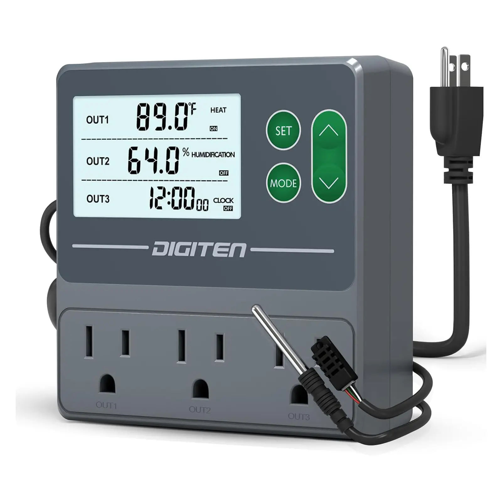 DIGITEN Dual-Probe Digital Thermostat & Humidity Controller - Universal Plug-In, Compatible with Humidifiers, Dehumidifiers, Heating/Cooling Systems, for Reptile Tank, Greenhouse Cabinet (14°F~248°F)