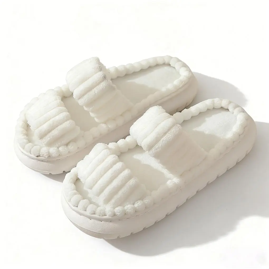 Women's Plush Slippers with Double Strap Design, Cozy Open-Toe House Shoes, Soft Furry Flat Footwear, Comfortable Warm Non Slip Home Floor Slippers, Minimalist Fluffy Bedroom Style, Casual Soft Platform Indoor Outdoor Walking Slippers