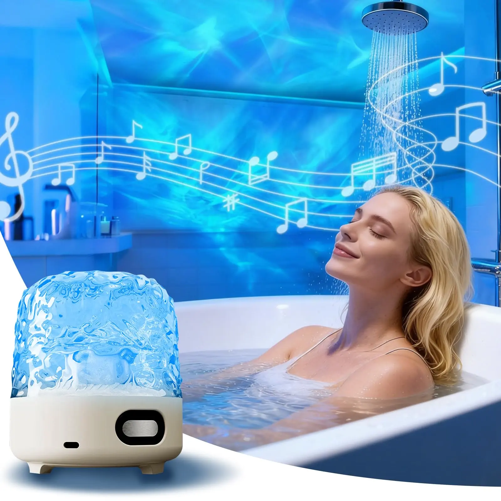 Rechargeable Waterproof Shower Lamp - Ambient LED Ocean Wave Projector Light with Remote & Touch Control, Natural Sounds for Shower, Bathroom, Bathtub