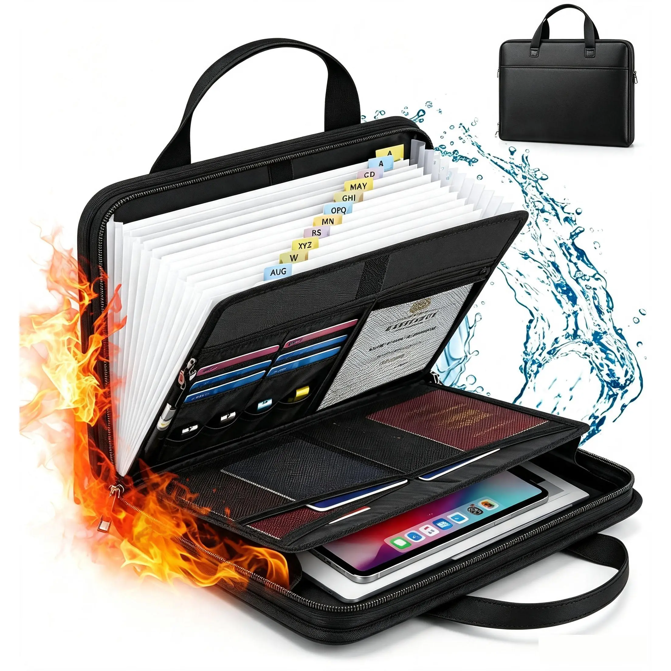 13-Pocket Fireproof Expanding File Folder, Secure Zipper Closure Document Organizer, Lightweight Carry Handle, Clear Label Slots for Sorting A4 Papers, Receipts and Important Files