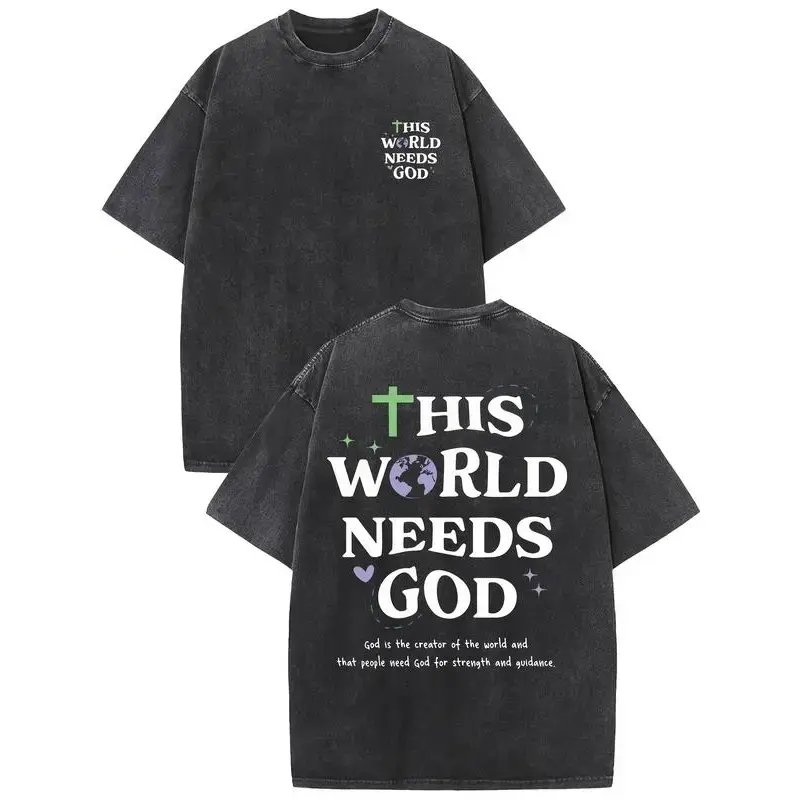 Menswear 1Pc 100% Washed Cotton Short-Sleeve Round Neck Casual Tee - Front Mini Faith Letter Logo, Back Big World Need God Cross Globe Vintage Print, Loose Simple Fitness Daily Top