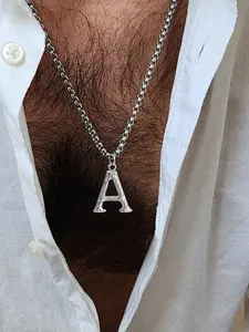 Men's Wood Grain Initial Pendant Necklace, Casual Fashion Silver Color Stainless Steel Chain, Letter Pattern, All Seasons Jewelry
