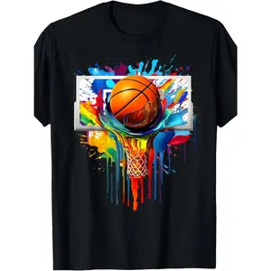 Men's basketball dunk with colorful paint effects Graphic T-Shirt - 100% Cotton Black Short Sleeve Crew Neck Regular Fit Casual Wear |   Soft & Breathable Fabric, Durable Print, Everyday Comfort, Machine Washable, vibrant splash art with 3D graphic design