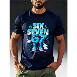 Men's 6 7 Graphic Tshirt, Streetwear Casual Short Sleeve Round Neck Summer Sports Top with Digital Print, Seamless Fabric, Machine Washable for Casual Attire & Parties, Stylish Comfortable